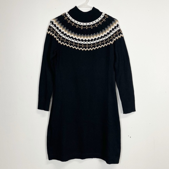 Talbots Sweater Dress Womens XS Black Mock Neck Fair Isle Long Sleeve Knit - Picture 1 of 8